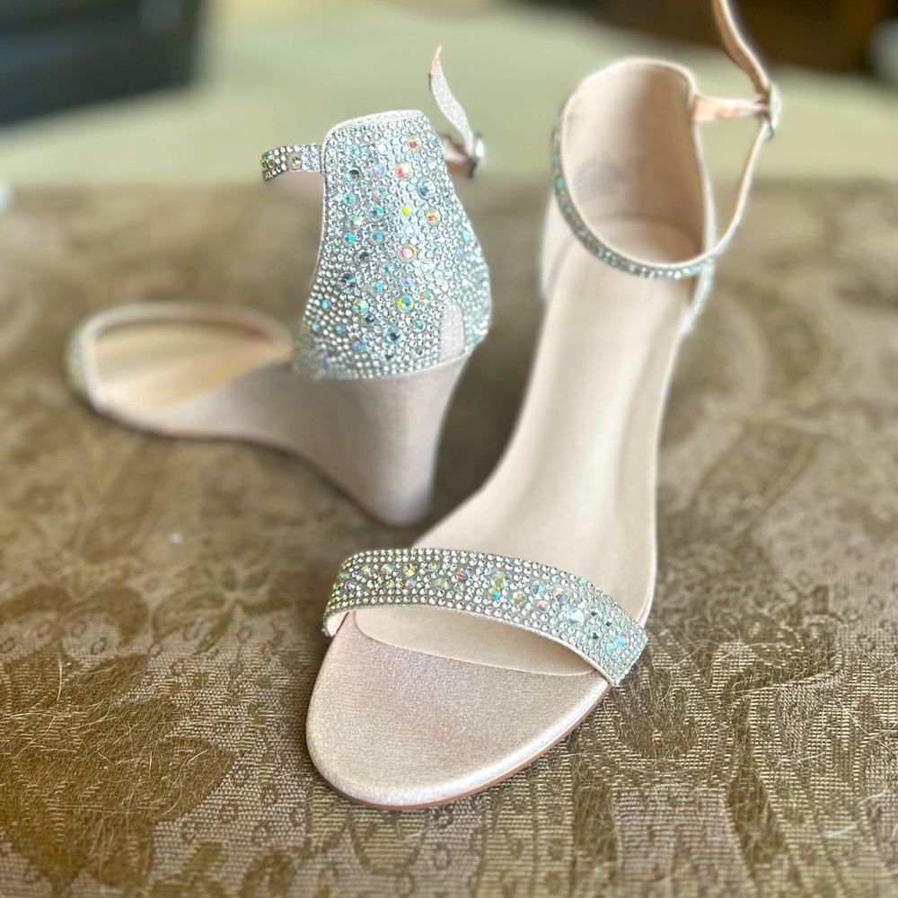 DB Studio Pave Crystal Embellished  Blush Colored Metallic Wedges.